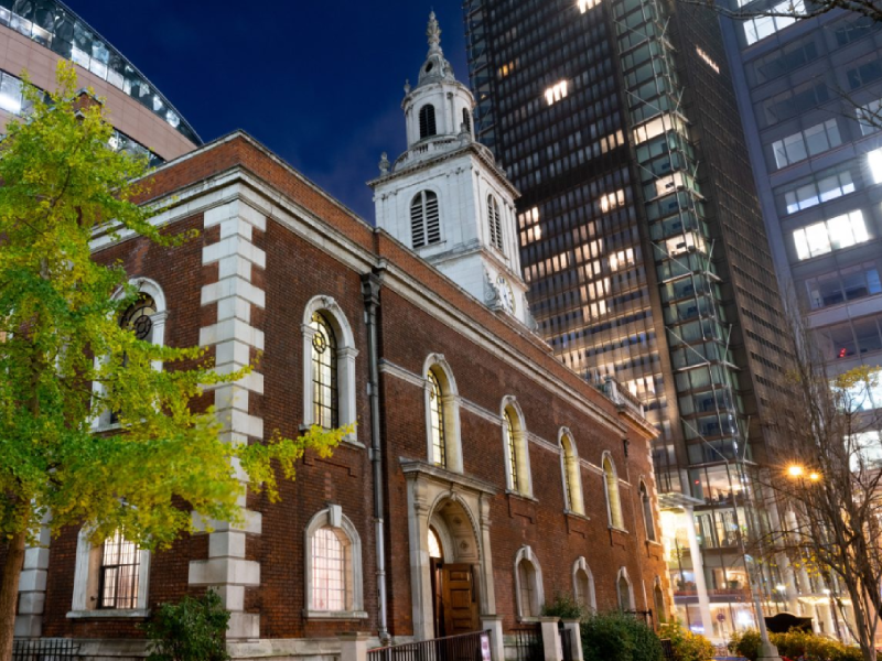 St Botolph's Church with London's financial district in the background